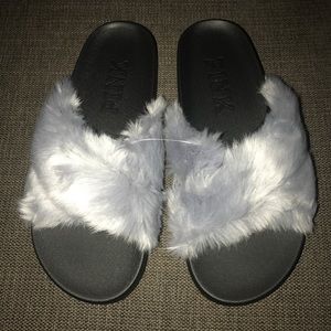 Victoria Secret Faux Fur crisscross slides M 7/8